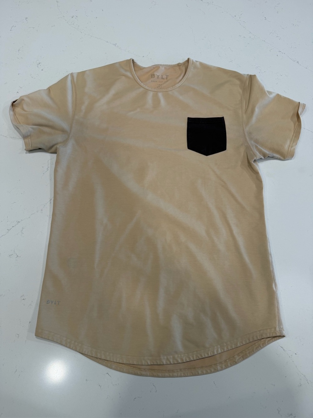 BYLT Basics Beige Short-Sleeve Lux Tee with Brown Chest Pocket - Large